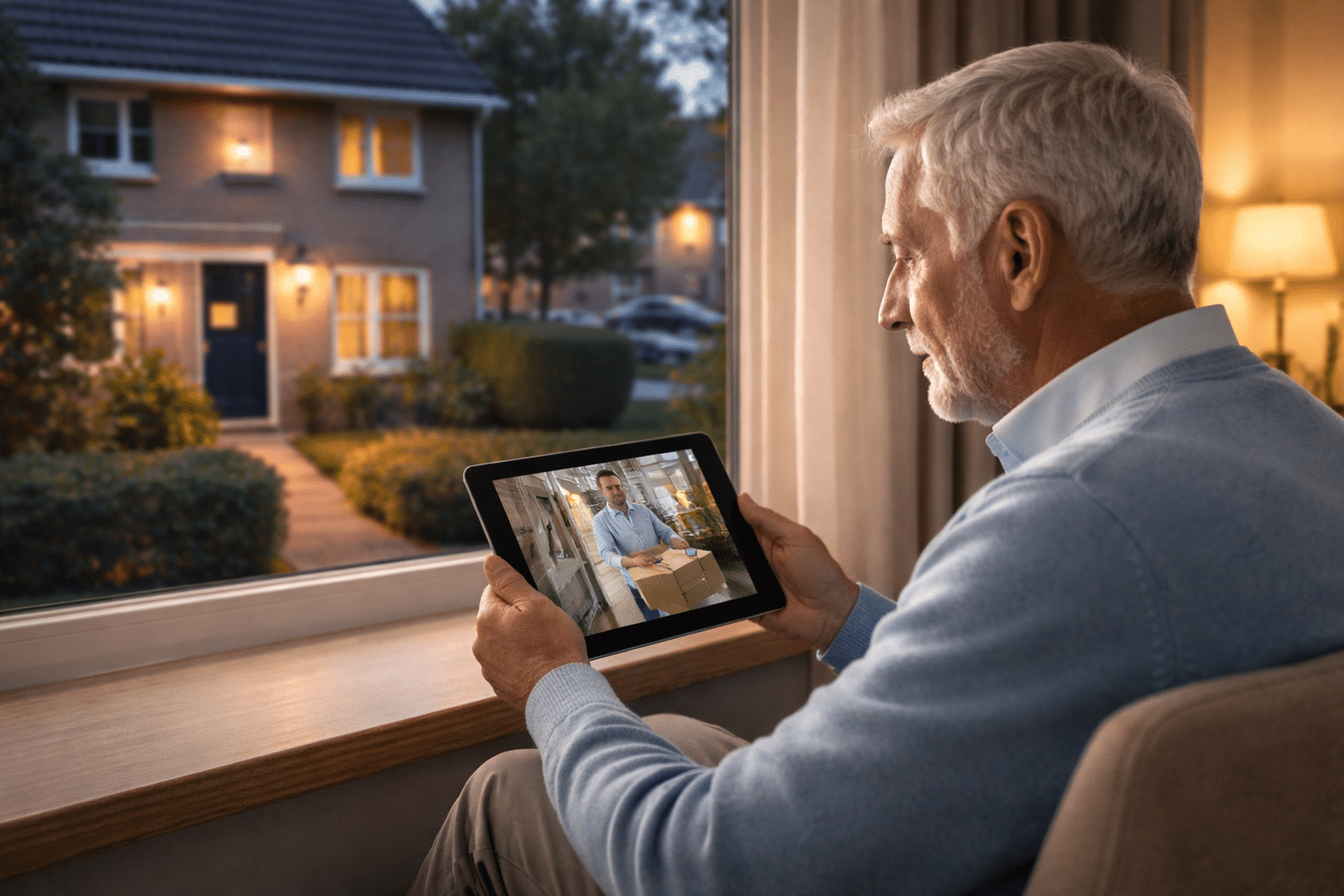 Oudere man bekijkt via een tablet het live beeld van een bewakingscamera voor senioren in zijn woonkamer