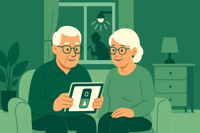 an old man and woman sitting on a couch holding a tablet