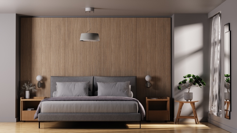 Sfeervolle slaapkamer met Nobi Pendant-lamp van Nobi thuis aan het plafond, ontworpen voor valdetectie en een veilige nachtrust bij ouderen.