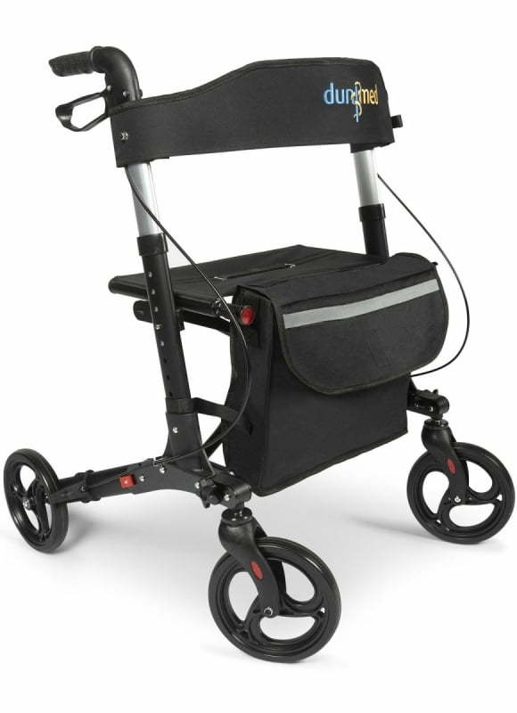 Zwarte lichtgewicht rollator van Dunimed met zitvlak, rugsteun en ruime opbergtas