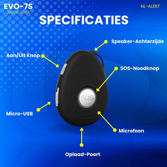 Uitleg onderdelen EVO 7S 4G noodknop – knoppen en poorten gelabeld