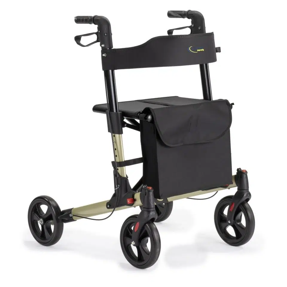Lichtgewicht rollator goud met zwarte tas – modern en opvouwbaar design