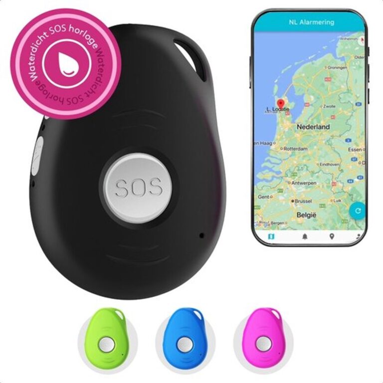 Zwart waterdicht SOS alarmapparaat met GPS-functie en locatieweergave op smartphone.