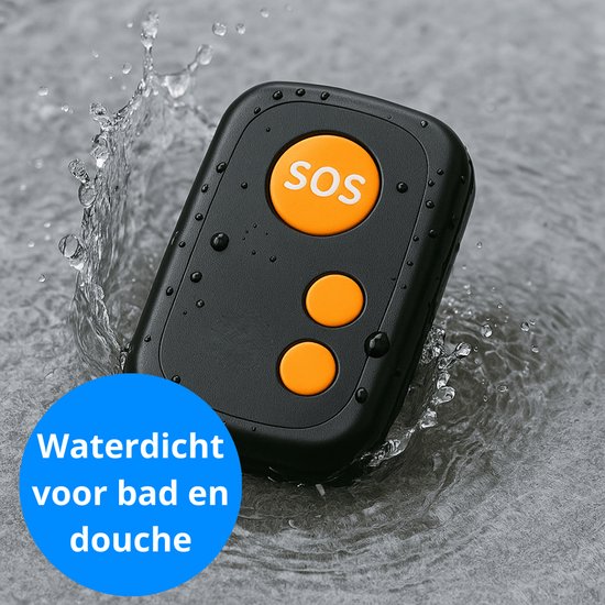PersonalClick PC20 4G alarmknop in water, met label “Waterdicht voor bad en douche”.