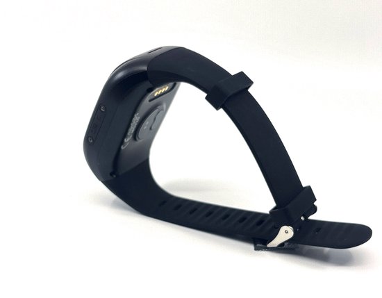 Zijaanzicht van het MijnSOS Alarmhorloge 4G in zwart met rode SOS-knop