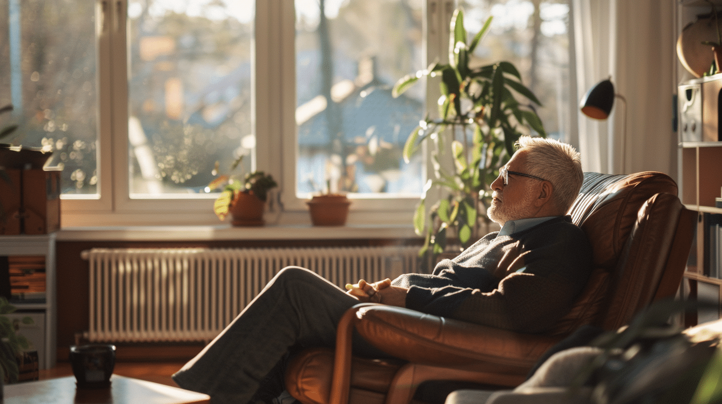 Senior zit ontspannen thuis in een veilige en rustige woonomgeving
