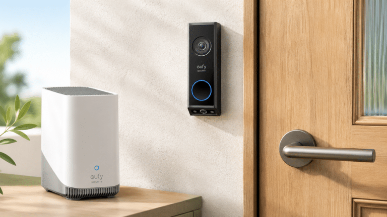 Eufy Video Doorbell E340 naast een voordeur met HomeBase S380 voor veilige toegang bij ouderen