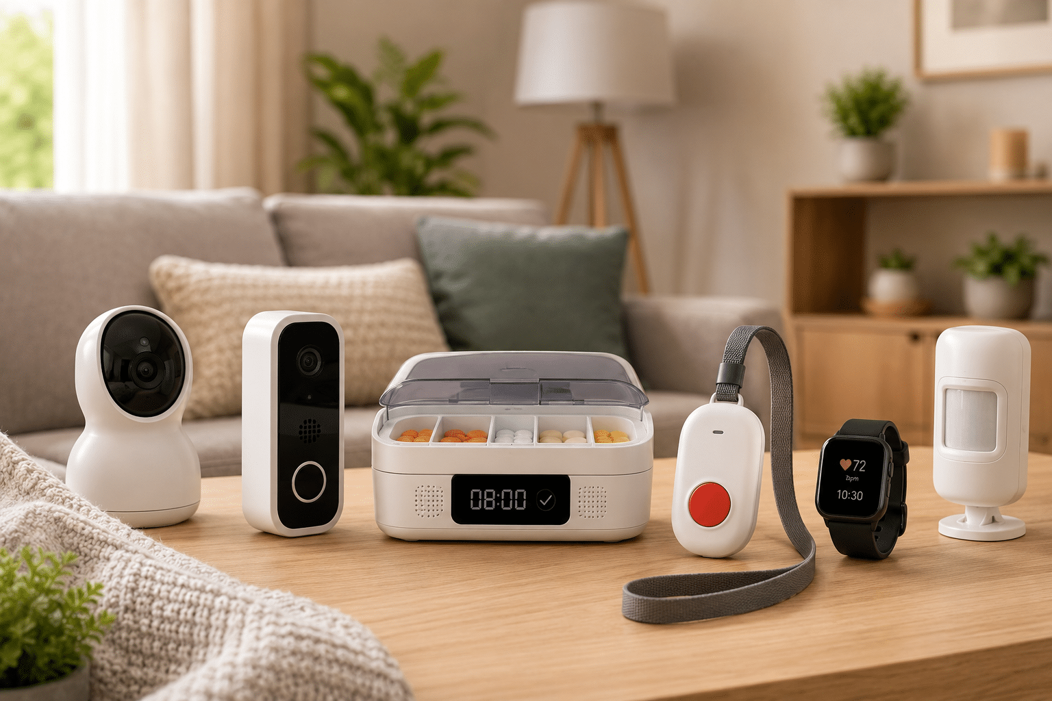 Hulpmiddelen voor senioren op tafel in een warme woonkamer, met alarmknop, medicijndispenser, camera, sensor en horloge.