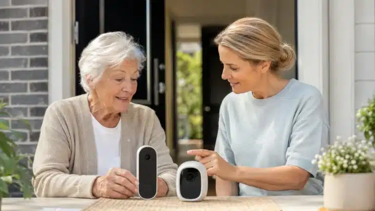 Senior en mantelzorger vergelijken een deurbelcamera en compacte buitencamera