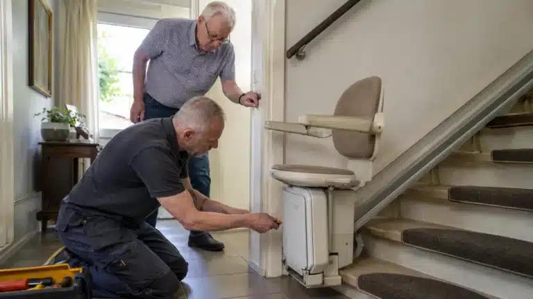 Monteur controleert een gebruikte traplift terwijl de oudere bewoner meekijkt