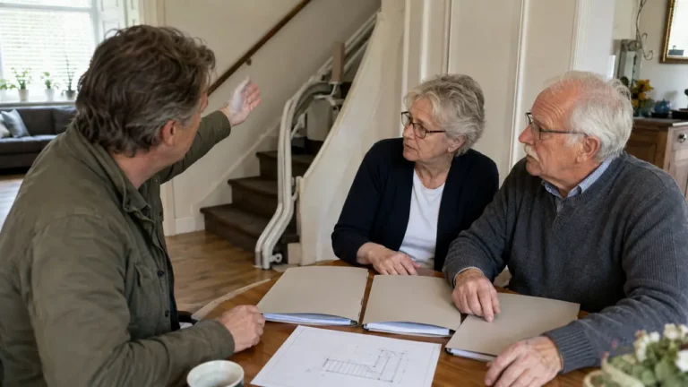 Ouder echtpaar vergelijkt trapliftoffertes met een onafhankelijk adviseur
